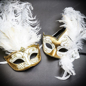 White Gold Side Feather Glitter & White Gold Mardi Gras Top Feather Masks